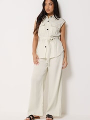 PixieGirl Petite Cream Belted Utility Shirt & Wide Leg Trousers Set - Image 1 of 5