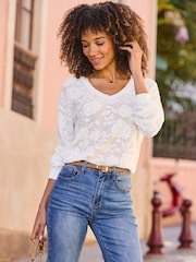 Sosandar White Floral V-Neck Jumper - Image 5 of 5
