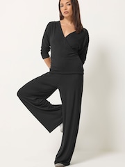 PixieGirl Petite Black Wrap Top & Wide Leg Trousers - Image 1 of 7