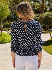 Sosandar Blue Spot Print Shirred Hem Top - Image 3 of 5