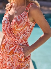 Sosandar Orange Abstract Print Hoop Trim Wrap Playsuit - Image 5 of 5