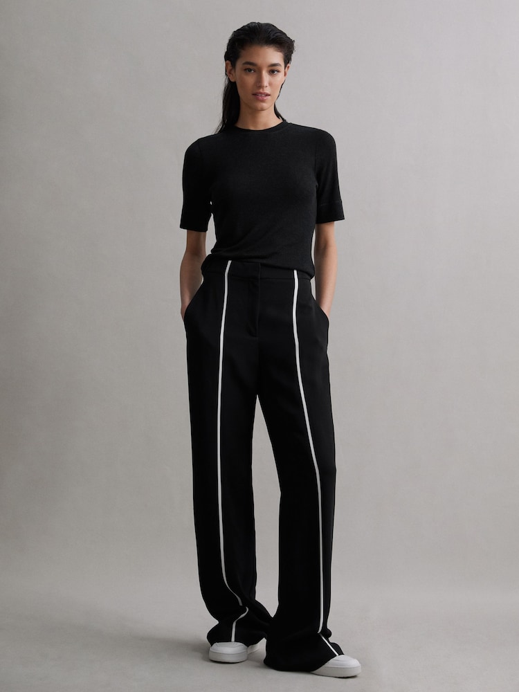 Reiss Black Marie Straight Leg Front Stripe Trousers - Image 1 of 6