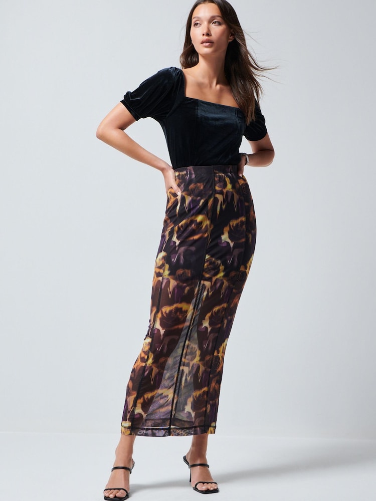 Yellow/Purple Floral Mesh Midi Skirt - Image 1 of 6