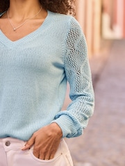 Sosandar Blue Pointelle Sleeve V-Neck Jumper - Image 4 of 4