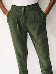 Khaki Green Linen Blend Taper Trousers - Image 3 of 6