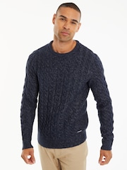 Threadbare Navy Blue Cable Knit Crew Neck Jumper - Image 1 of 4