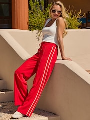Sosandar Red Side Stripe Drawstring Wide Leg Trousers - Image 5 of 5