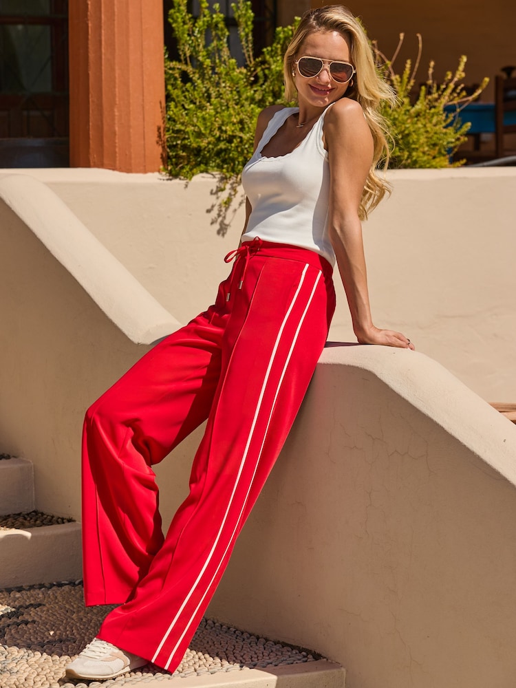 Sosandar Red Side Stripe Drawstring Wide Leg Trousers - Image 5 of 5