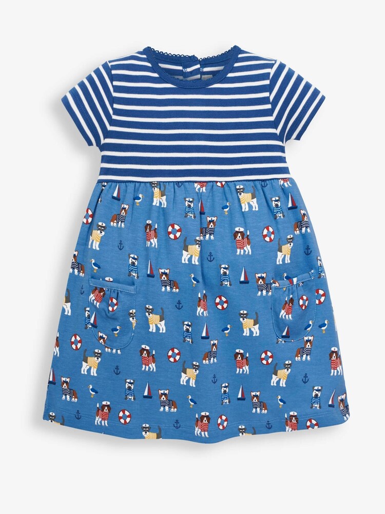 JoJo Maman Bébé Duck Egg Girls Stripe & Nautical Dog Print Pet in Pocket Dress - Image 1 of 2