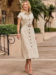 Sosandar Natural Pocket Front Belted Denim Shirt Dress - Image 2 of 5