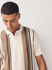 Neutral/White Vertical Stripe Quarter Zip Polo Shirt - Image 1 of 7