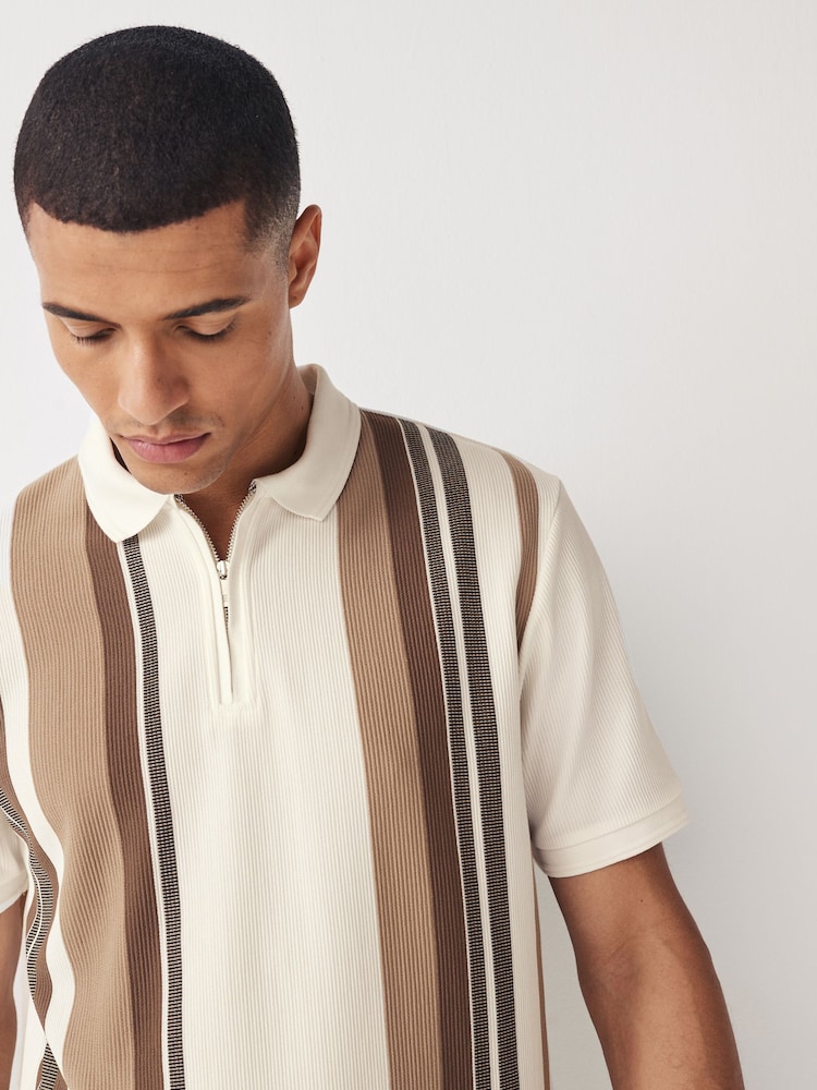 Neutral/White Vertical Stripe Quarter Zip Polo Shirt - Image 1 of 7