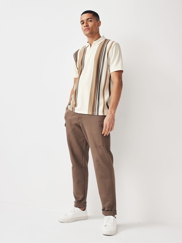 Neutral/White Vertical Stripe Quarter Zip Polo Shirt - Image 2 of 7