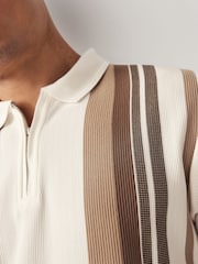 Neutral/White Vertical Stripe Quarter Zip Polo Shirt - Image 5 of 7