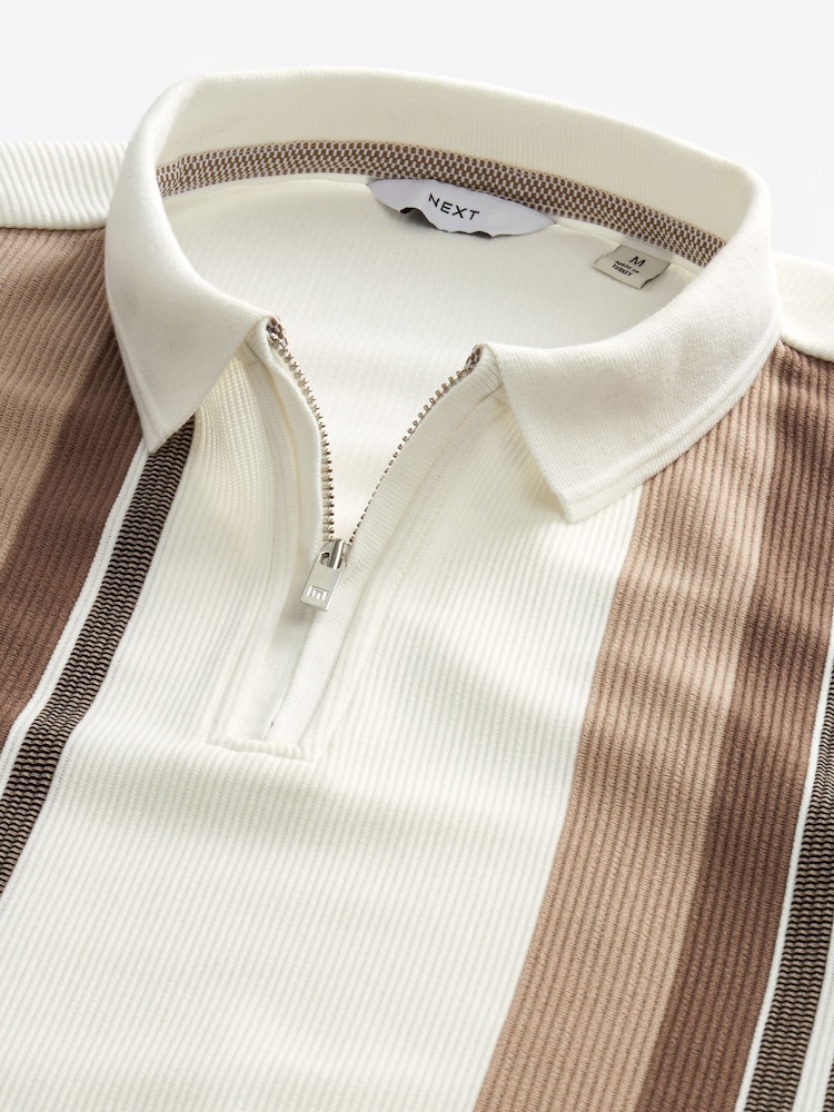 Neutral/White Vertical Stripe Quarter Zip Polo Shirt - Image 7 of 7