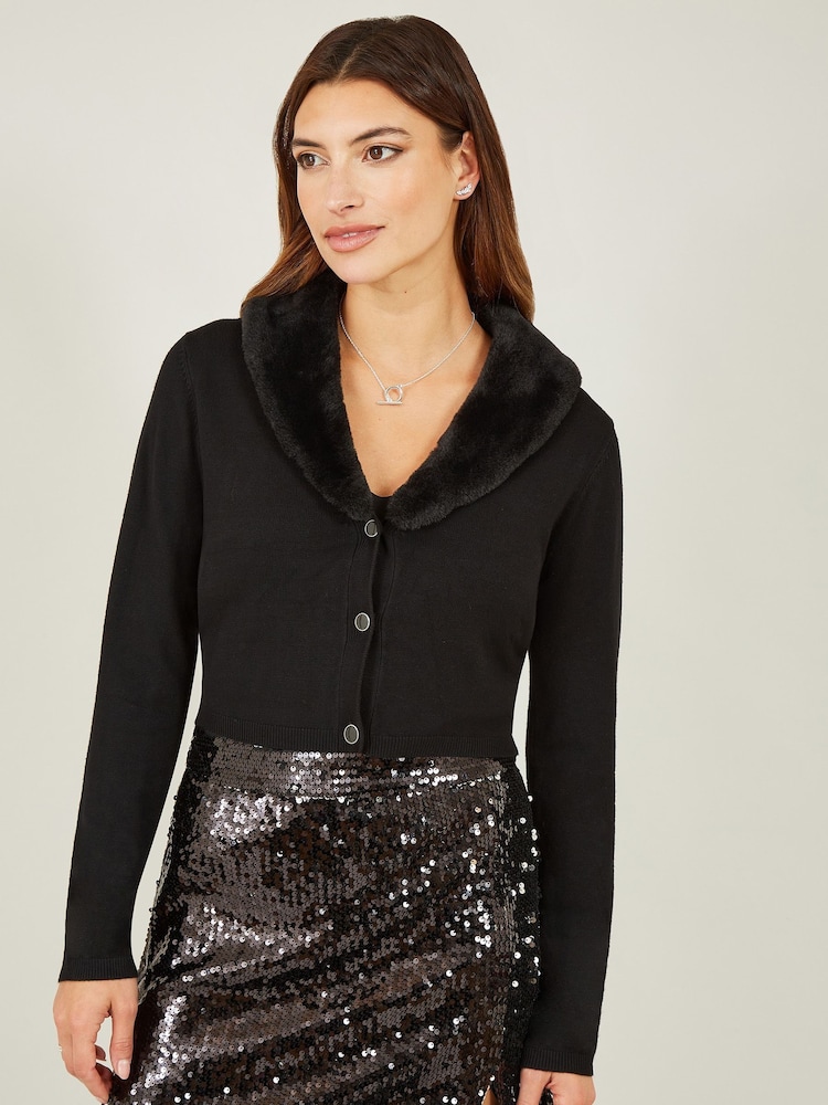 Yumi Black Bolero with Detachable Faux Fur Collar - Image 1 of 5