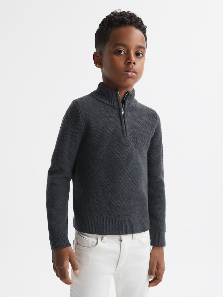Reiss Anthracite Grey Tempo 9-14 yrs Slim Fit Knitted Half-Zip Funnel Neck Jumper - Image 1 of 5