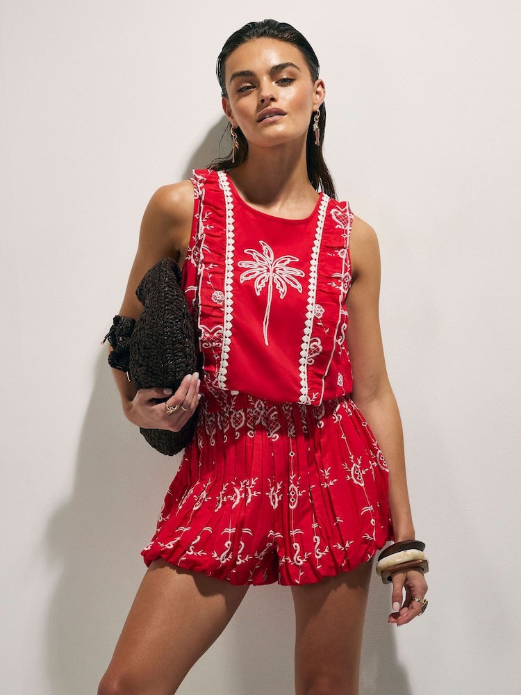 River Island Red Sleeveless Tropical Print Embroidered Playsuit - Image 1 of 4 River Island Red Sleeveless Tropical Print Embroidered Playsuit - Image 1 of 4