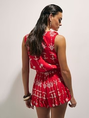 River Island Red Sleeveless Tropical Print Embroidered Playsuit - Image 2 of 4