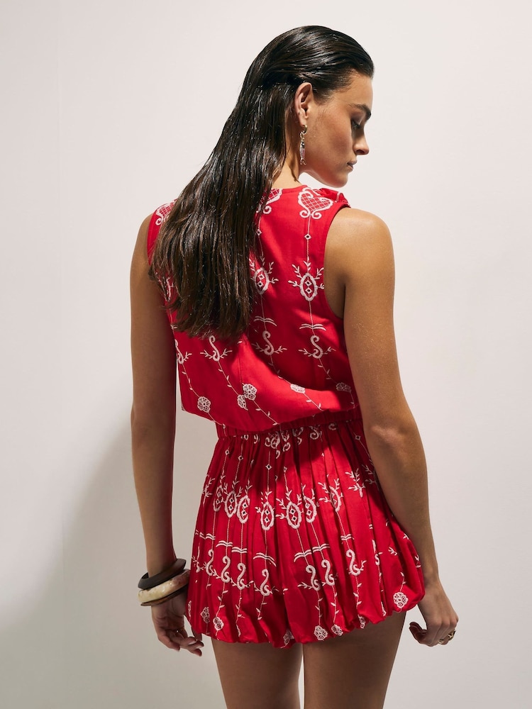River Island Red Sleeveless Tropical Print Embroidered Playsuit - Image 2 of 4 River Island Red Sleeveless Tropical Print Embroidered Playsuit - Image 2 of 4