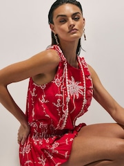 River Island Red Sleeveless Tropical Print Embroidered Playsuit - Image 4 of 4