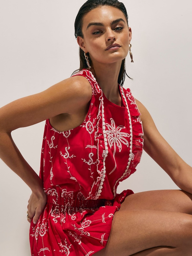 River Island Red Sleeveless Tropical Print Embroidered Playsuit - Image 4 of 4 River Island Red Sleeveless Tropical Print Embroidered Playsuit - Image 4 of 4