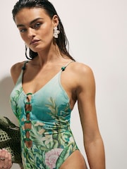 River Island Blue Halter Neck Lotus Floral Print Plunge Swimsuit - Image 3 of 4
