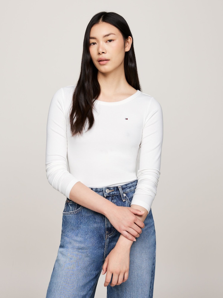 Tommy Hilfiger Cream Slim Fit Long Sleeve T-Shirt - Image 1 of 6 Tommy Hilfiger Cream Slim Fit Long Sleeve T-Shirt - Image 1 of 6