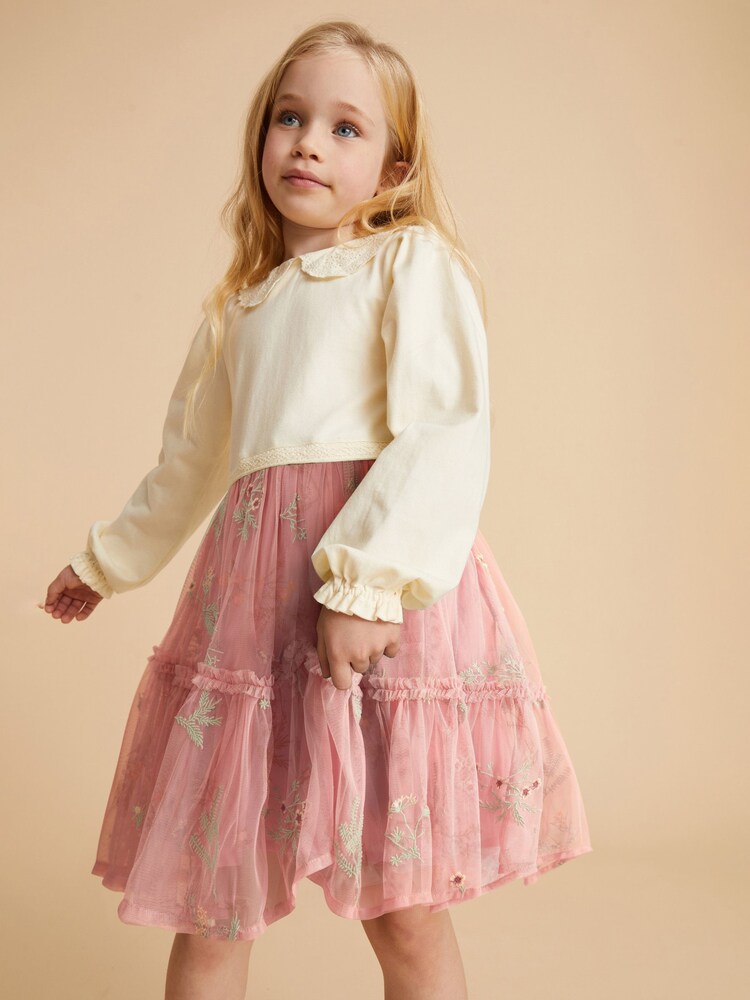 Laura Ashley Pink/Cream Embroidered 2-in-1 Mesh Dress - Image 1 of 12