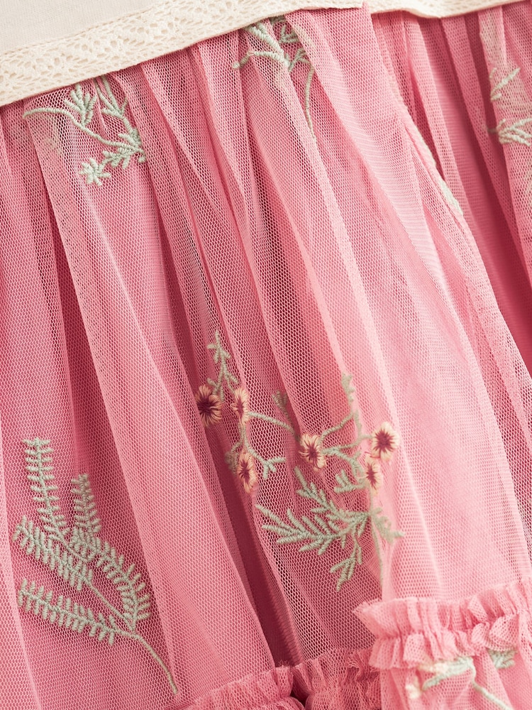 Laura Ashley Pink/Cream Embroidered 2-in-1 Mesh Dress - Image 12 of 12
