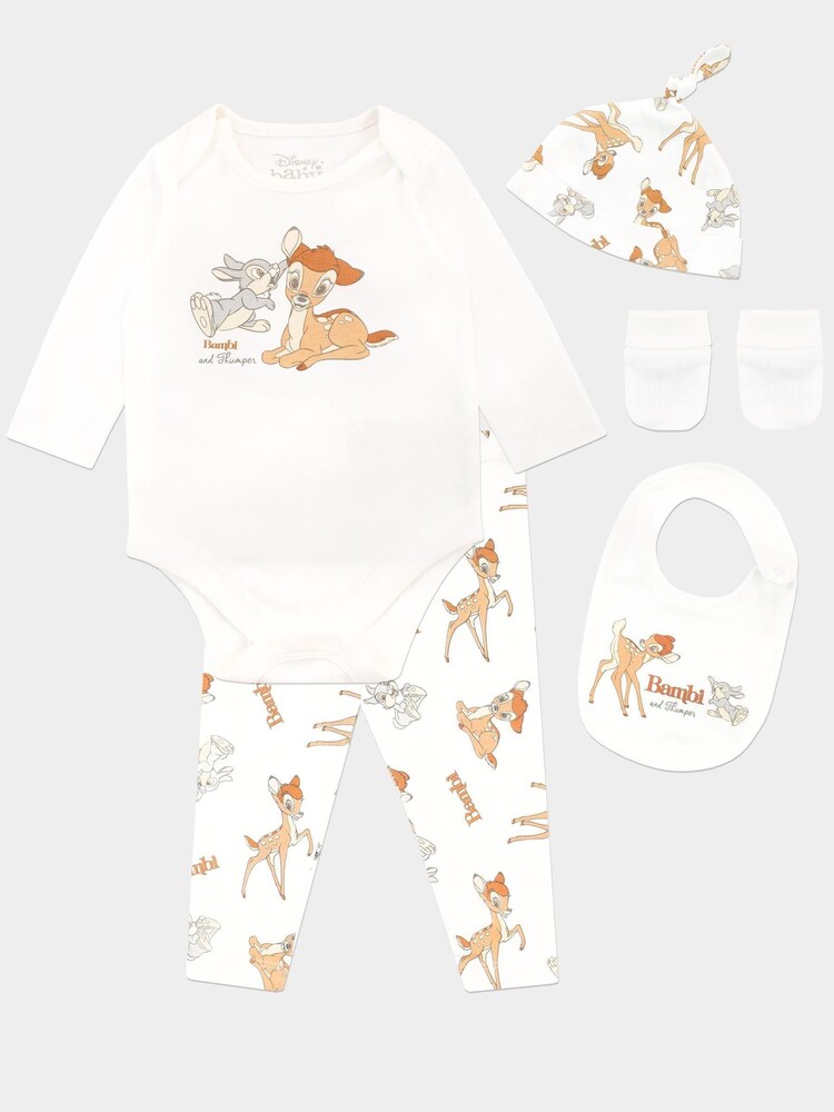 Character White Bambi 4 Piece Baby Sleepsuit Bodysuit Hat And Bib Set - Image 1 of 5