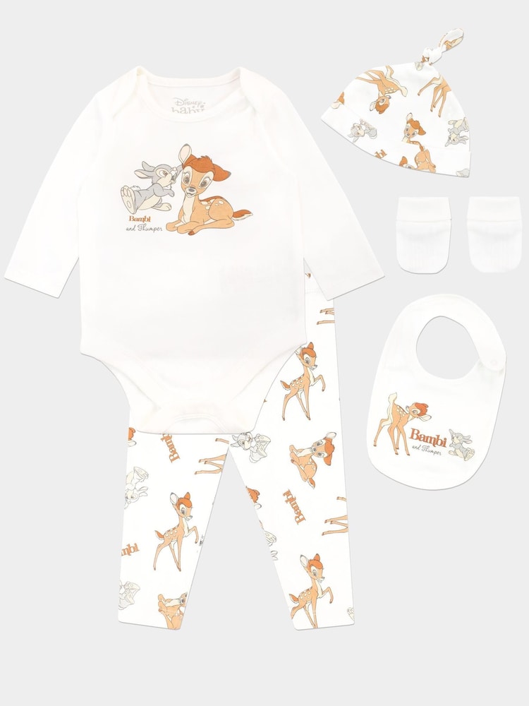 Character White Bambi 4 Piece Baby Sleepsuit Bodysuit Hat And Bib Set - Image 1 of 5 Character White Bambi 4 Piece Baby Sleepsuit Bodysuit Hat And Bib Set - Image 1 of 5