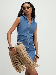 River Island Blue Sleeveless Ruched Button Front Mini Dress - Image 3 of 4