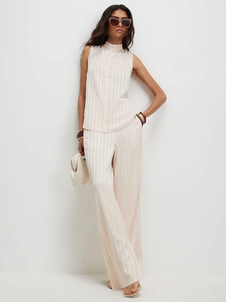 River Island Cream Stripe Satin Wide Leg Trousers - Image 1 of 4 River Island Cream Stripe Satin Wide Leg Trousers - Image 1 of 4