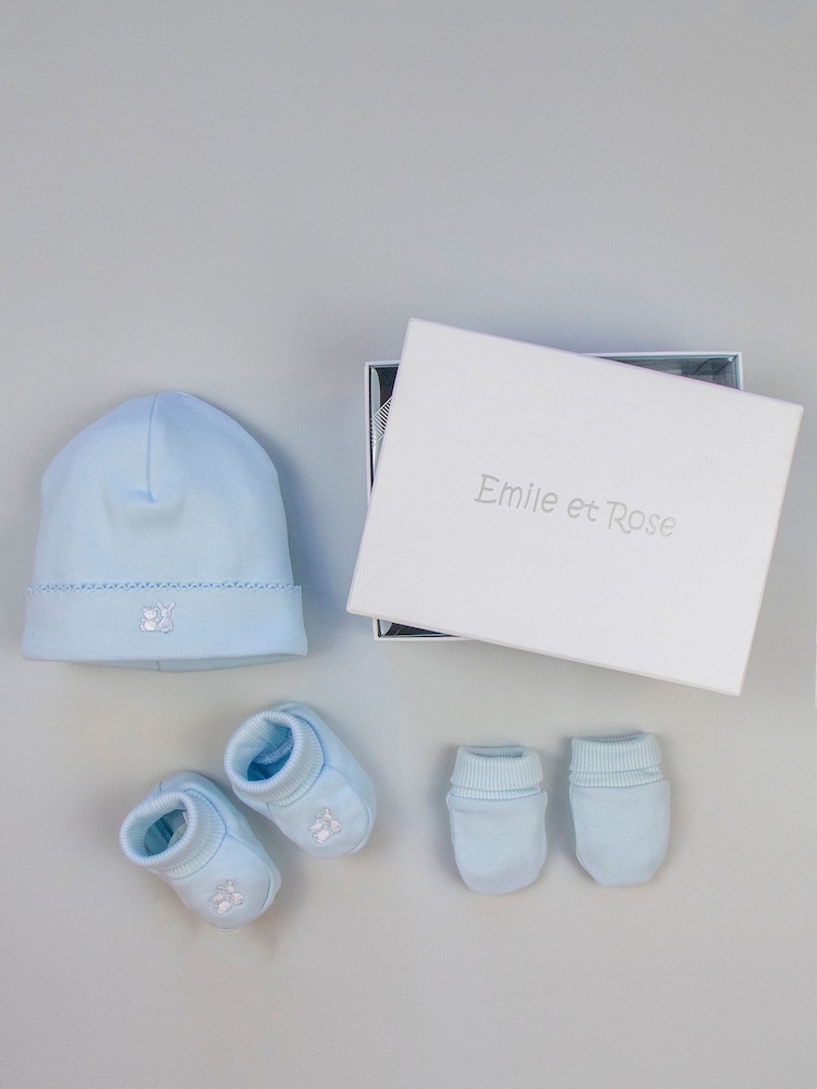 Emile et Rose Blue 100% Cotton Hat, Booties And Mitts Gift Set - Image 1 of 3