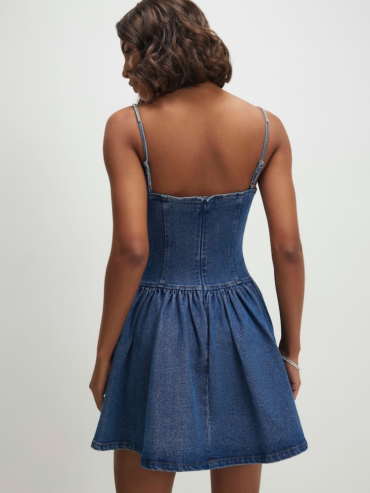 River Island Blue Diamante Strappy Scallop Edge Denim Mini Dress - Image 2 of 4