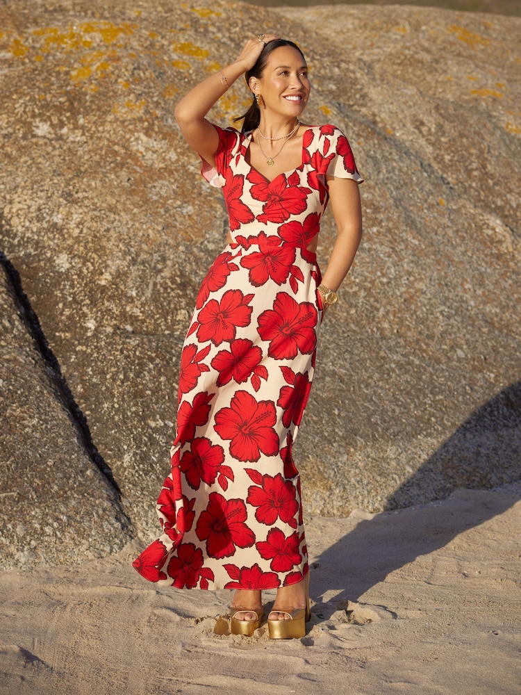 Myleene Klass Red Floral Printed Cut-Out Back Dress - Image 2 of 9