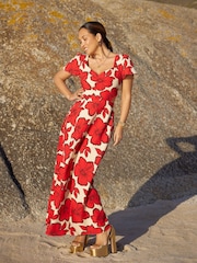Myleene Klass Red Floral Printed Cut-Out Back Dress - Image 4 of 9