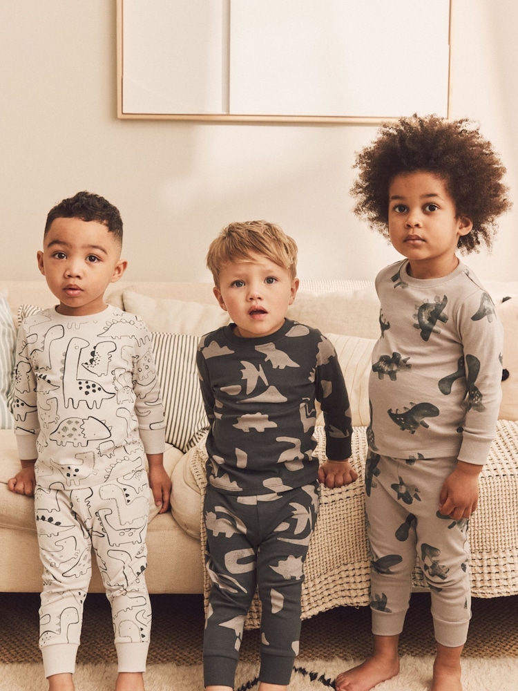 Neutral/Black Dinosaur 3 Pack Snuggle Pyjamas (9mths-10yrs) - Image 1 of 1