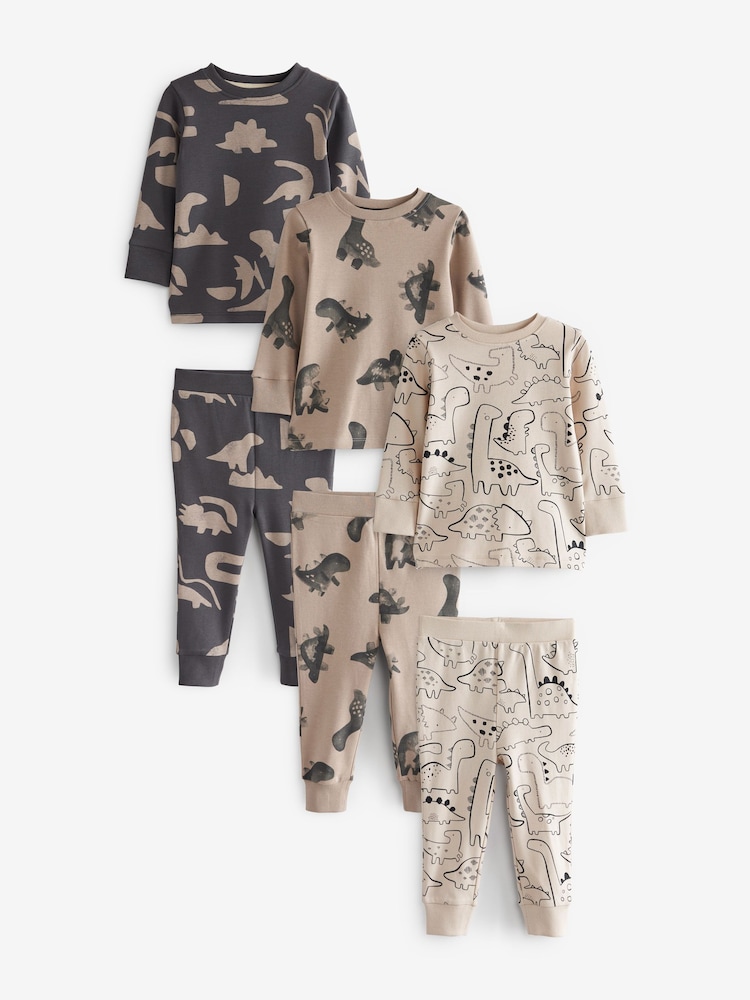 Neutral/Black Dinosaur 3 Pack Snuggle Pyjamas (9mths-10yrs) - Image 6 of 10