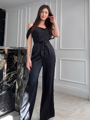 Girl In Mind Black Flora Cold Shoulder Jumpsuit - Image 1 of 4