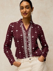 White Stuff Burgundy Red Annie Cotton Jersey Shirt - Image 1 of 6