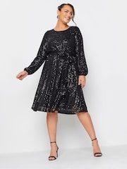 Yours Curve Black London Sequin Skater Dress - Image 2 of 5