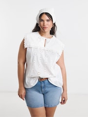 Simply Be White Sailor Collar Broderie Top - Image 3 of 4