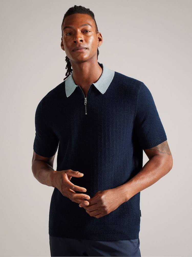 Ted Baker Blue Arwik Short Sleeve Polo Shirt With Contrast Collar - Image 1 of 7 Ted Baker Blue Arwik Short Sleeve Polo Shirt With Contrast Collar - Image 1 of 7