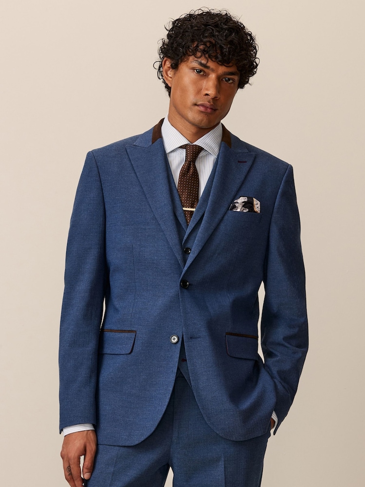 Bright Blue Tailored Fit Herringbone Suit Jacket - Image 1 of 10