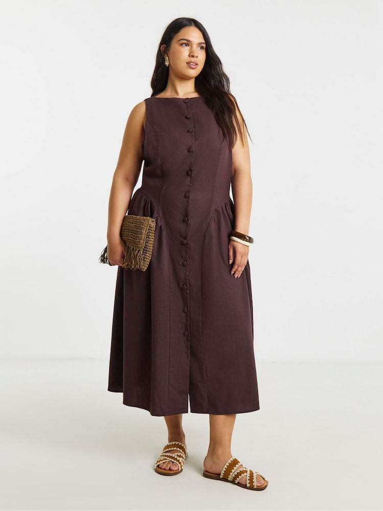 Simply Be Brown Linen Peasant Boat Neck Button Through Tailored Dress - Image 1 of 4 Simply Be Brown Linen Peasant Boat Neck Button Through Tailored Dress - Image 1 of 4