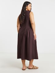 Simply Be Brown Linen Peasant Boat Neck Button Through Tailored Dress - Image 2 of 4