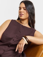 Simply Be Brown Linen Peasant Boat Neck Button Through Tailored Dress - Image 3 of 4