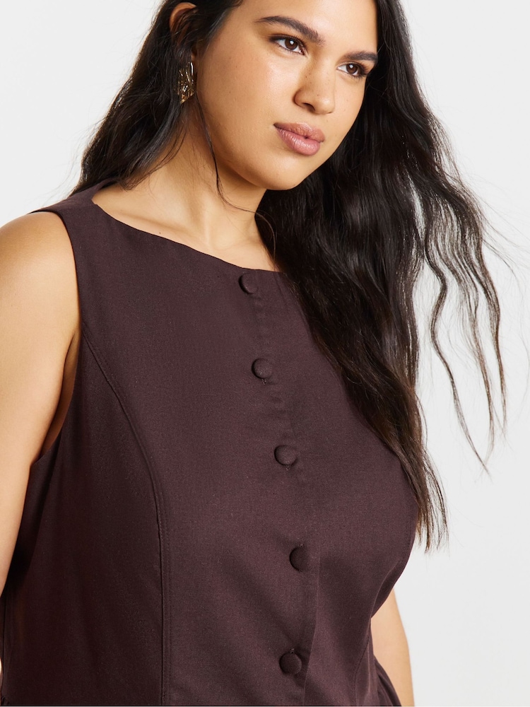 Simply Be Brown Linen Peasant Boat Neck Button Through Tailored Dress - Image 4 of 4 Simply Be Brown Linen Peasant Boat Neck Button Through Tailored Dress - Image 4 of 4